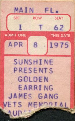 Golden Earring show ticket#1T62 April 08 1975 Columbus - Veterans Memorial Auditorium